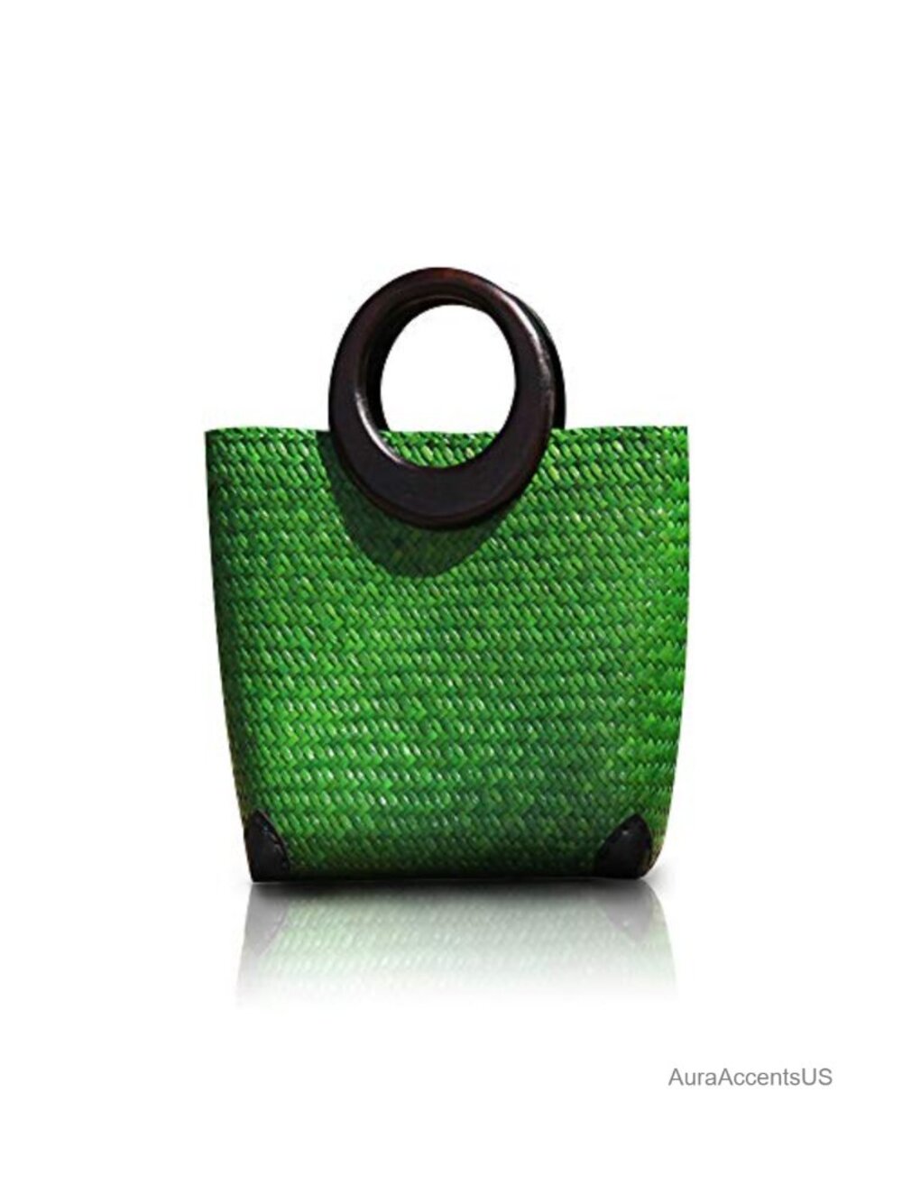Hand-woven Rattan Straw Tote Bag with Wood Round Top Handle Summer Beach Travel